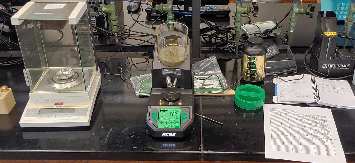Testing the RCBS MatchMaster powder measure against a Sartorius BP121S analytical balance at the lab