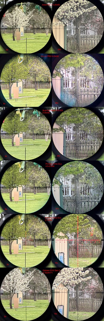 Field of view comparison with this year’s sub-$1K long range rifle scopes from top to bottom:  Arken EP-5 5-2556, Hi-Lux PR5 5-25x56, Bushnell Match Pro ED 5-30x56,  Primarly Arms GLX 4.5-47x56, Primarly Arms GLX 3-18x44, and Optisan EVX Gen 2 4-16x44 F1