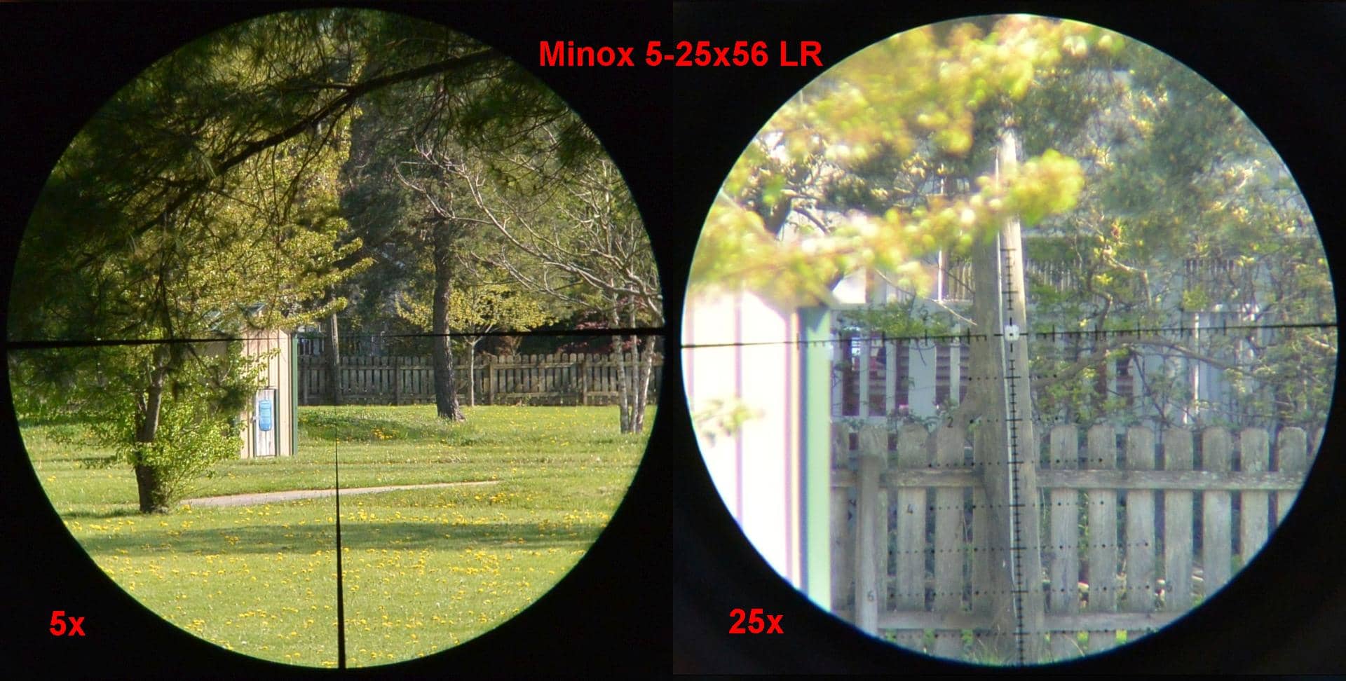 LR reticle in the Minox 5-25x56 LR  on low and high powers